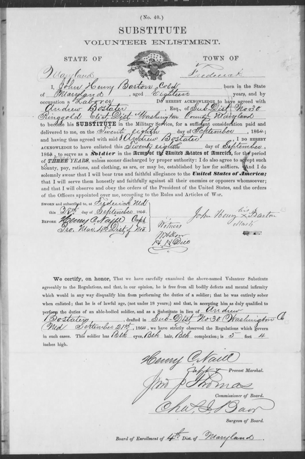 Image of Barton's Substitute Volunteer Enlistment for Andrew Bostater (Fold3.com)