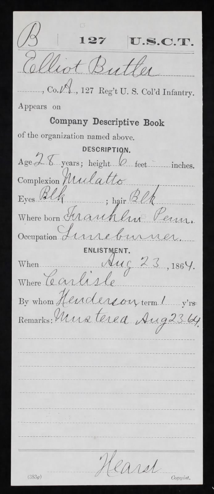 A scanned image of the Company Descriptive Book for Elliot Butler, filled in with cursive handwriting. 