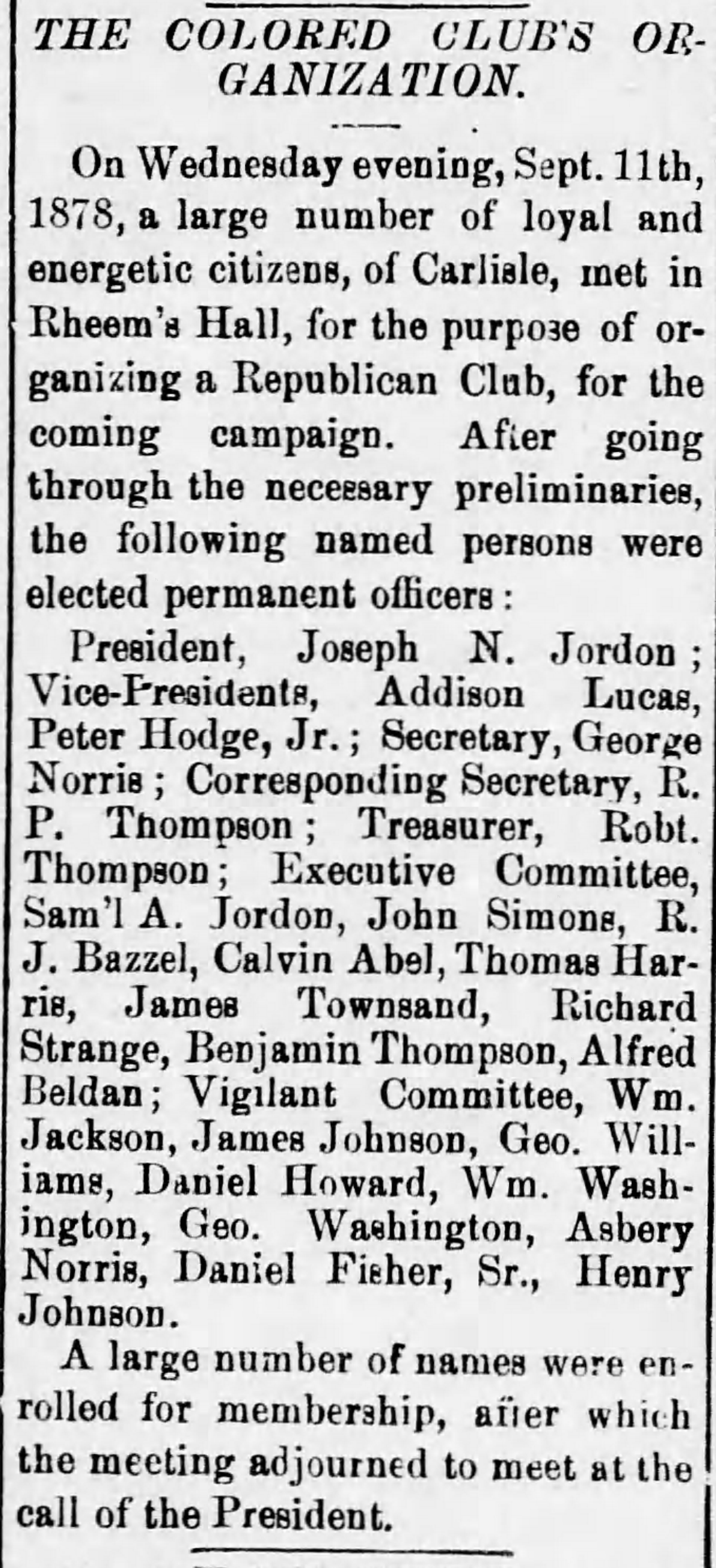 Article about African-American republican clubs of Carlisle, Pennsylvania. 
