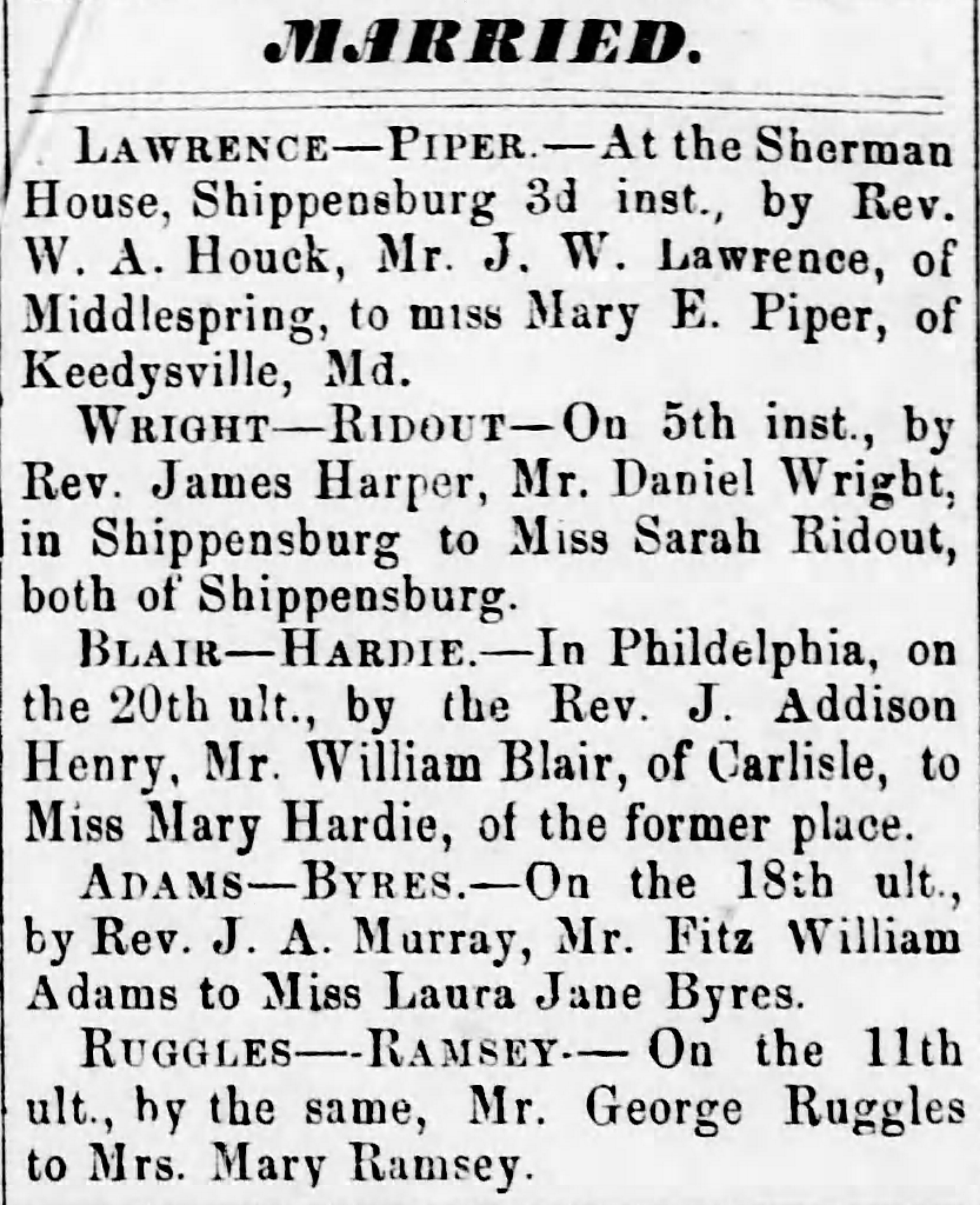 Newspaper wedding notice for Daniel Wright and Miss Sarah Ridout