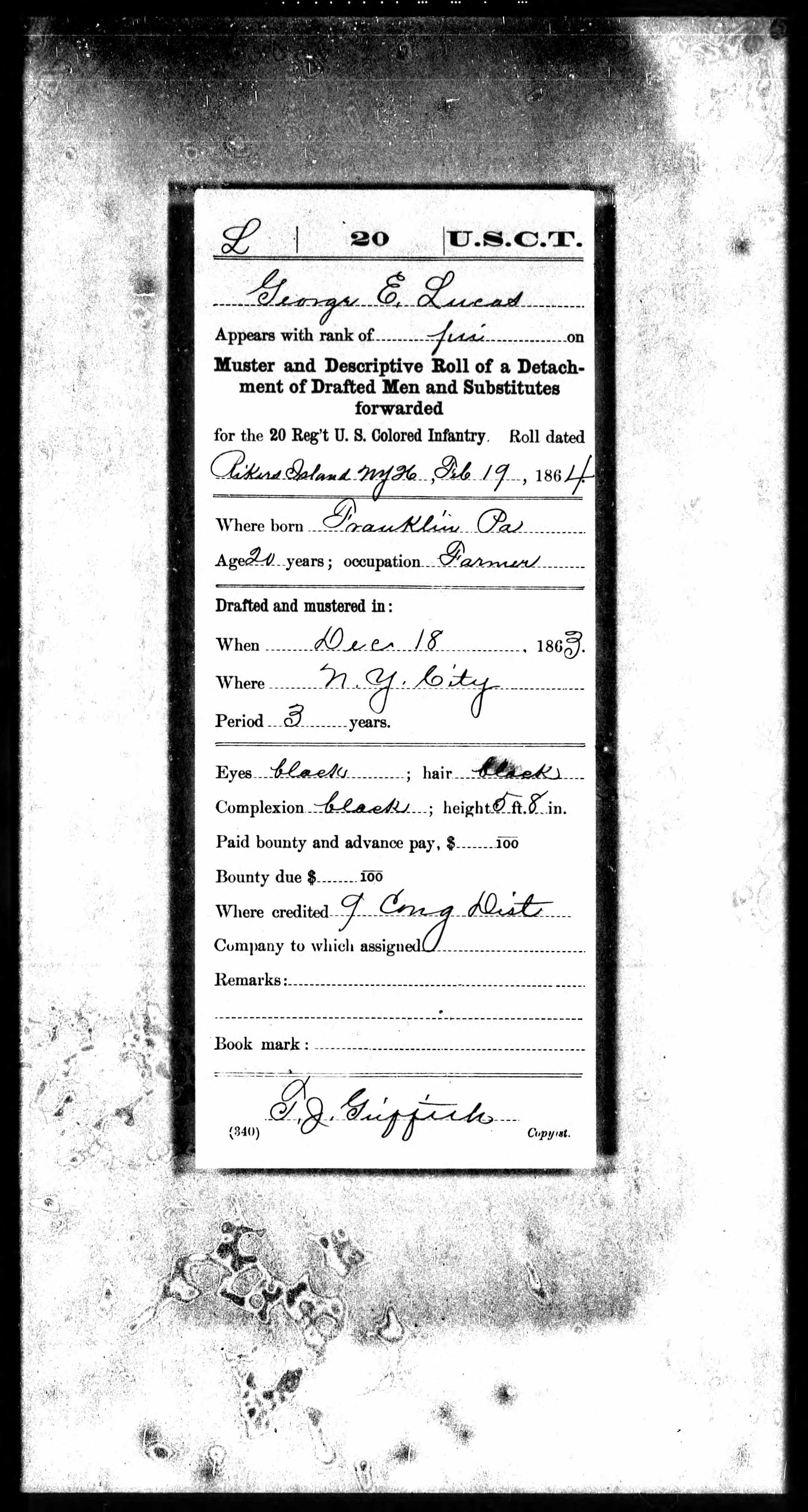 Muster and descriptive roll for George E Lucas, scanned in black and white and filled in with cursive handwriting. 