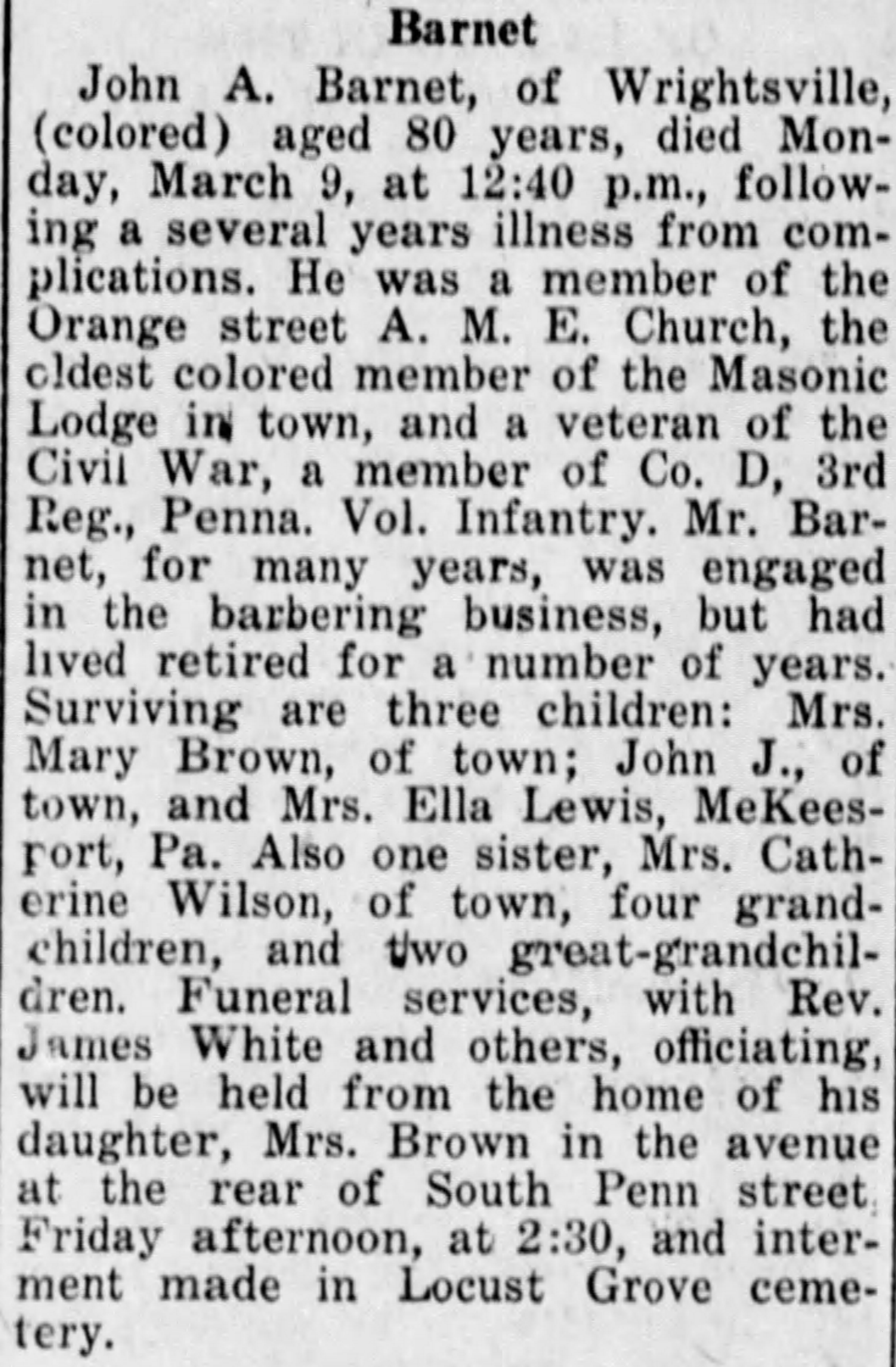 Newspaper obituary for John Barnet. 