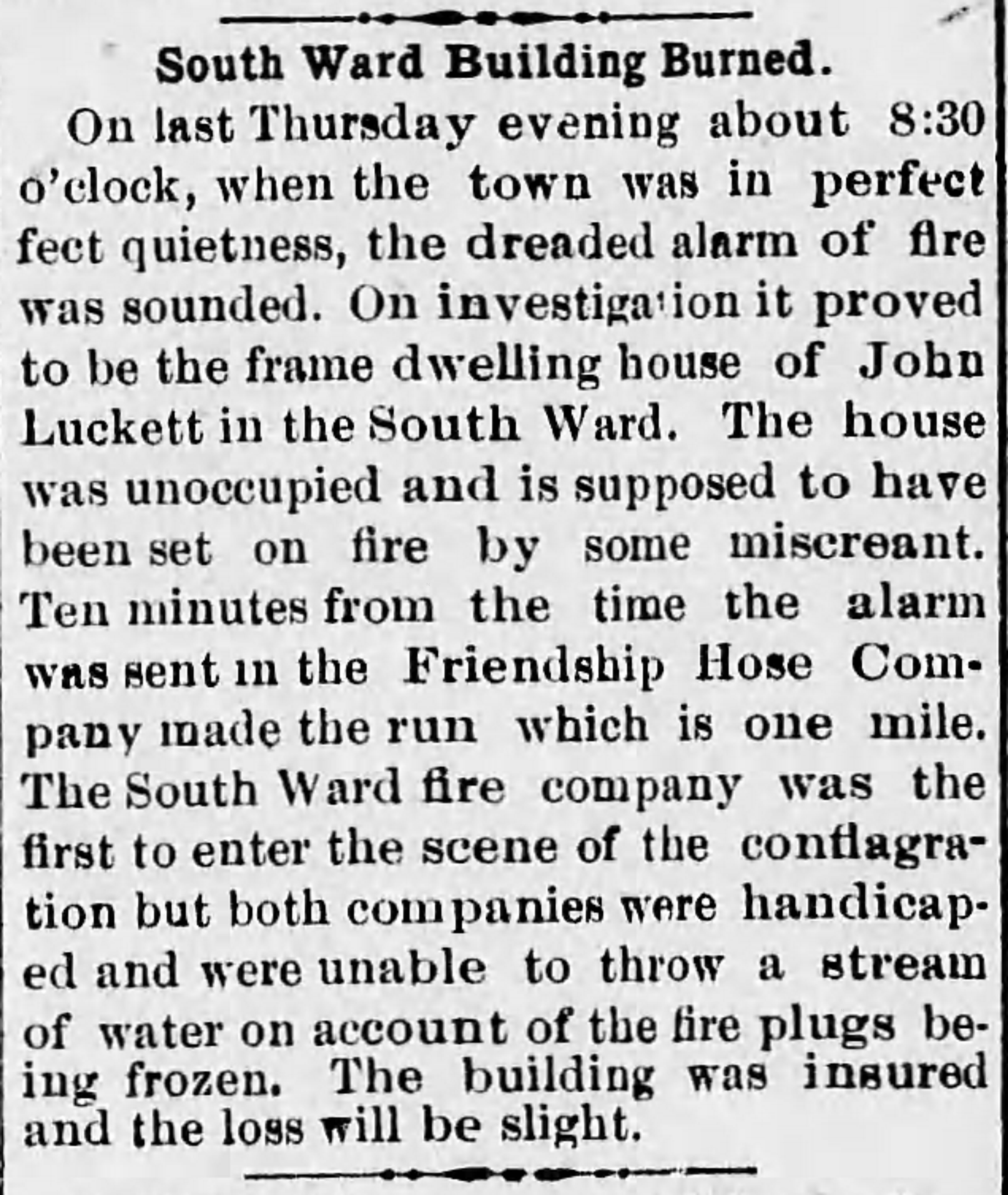 Newspaper article about a building that belonged to John Luckett burning down. 