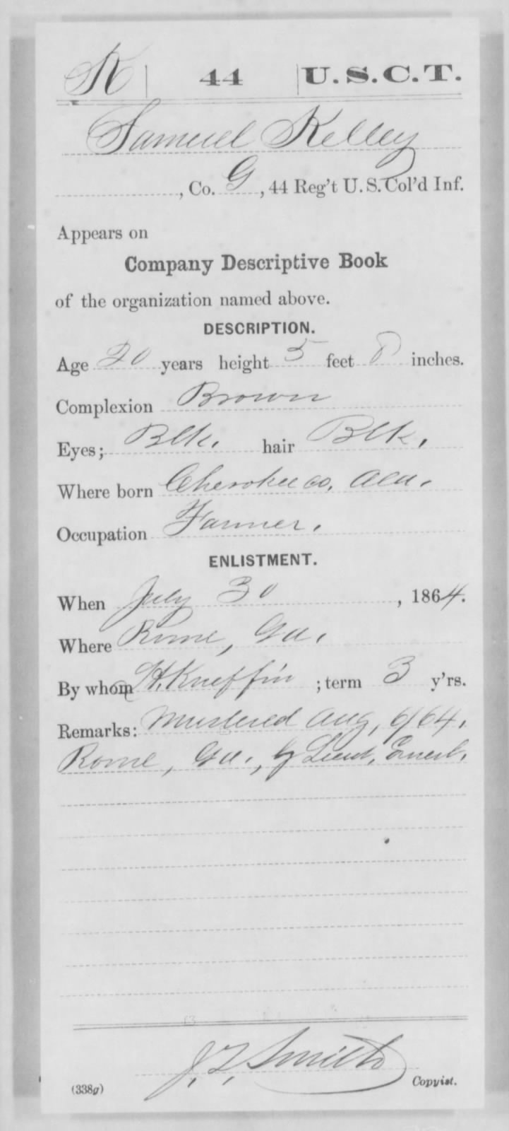 Company Descriptive book for Samuel Kelley, filled in with cursive handwriting