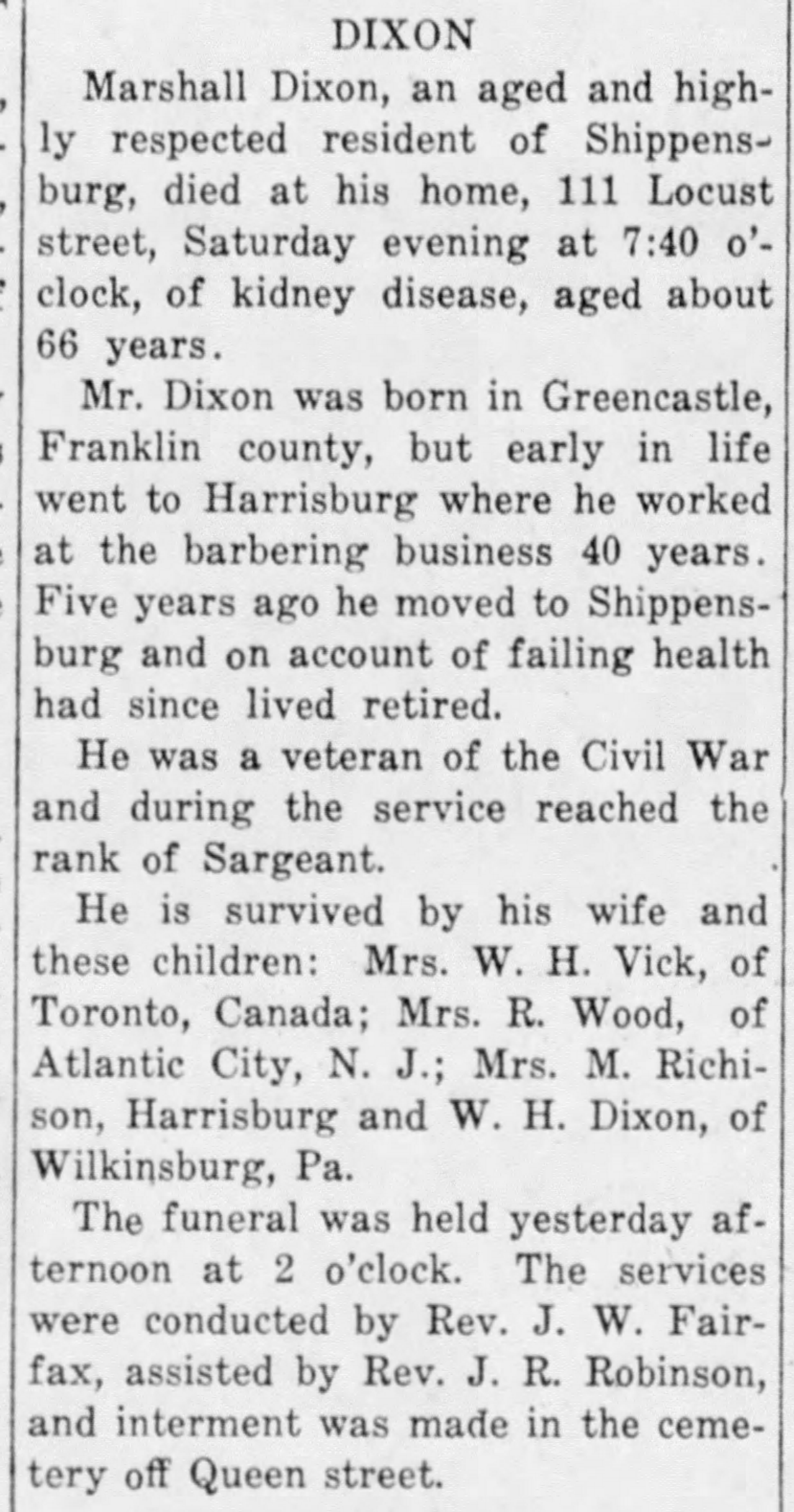 Newspaper obituary for Marshall Dixon. 