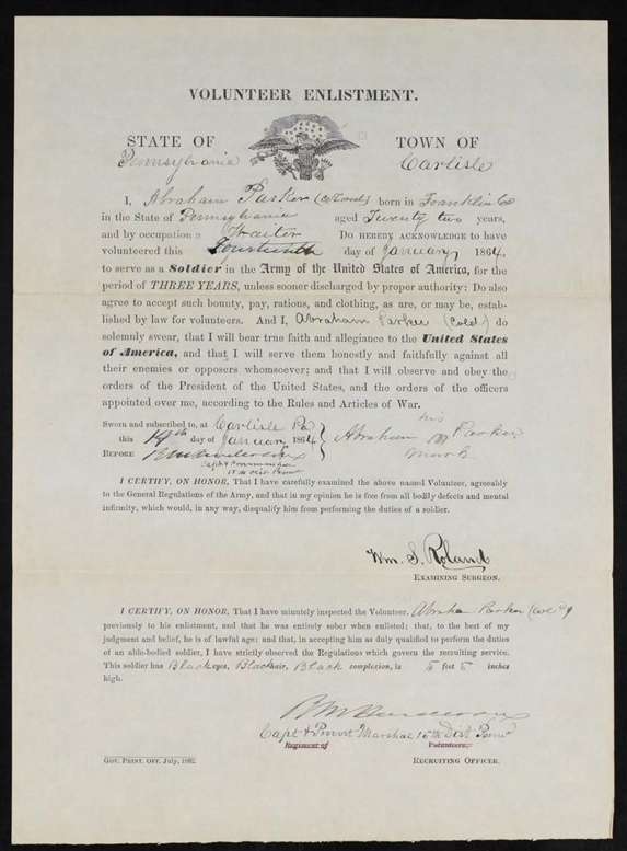Image of Abraham Parker's Volunteer Enlistment Contract signed January 14, 1864. (Fold3.com)