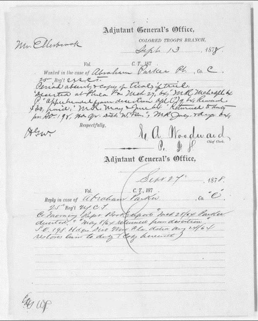 Image of Correspondence from Adjutant General's Office to Mr. Ellenbrook concerning Abraham Parker's desertion.  (Fold3.com)