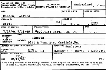 Pennsylvania 1777-2012 Veteran Burial Card for Alfred Bolden