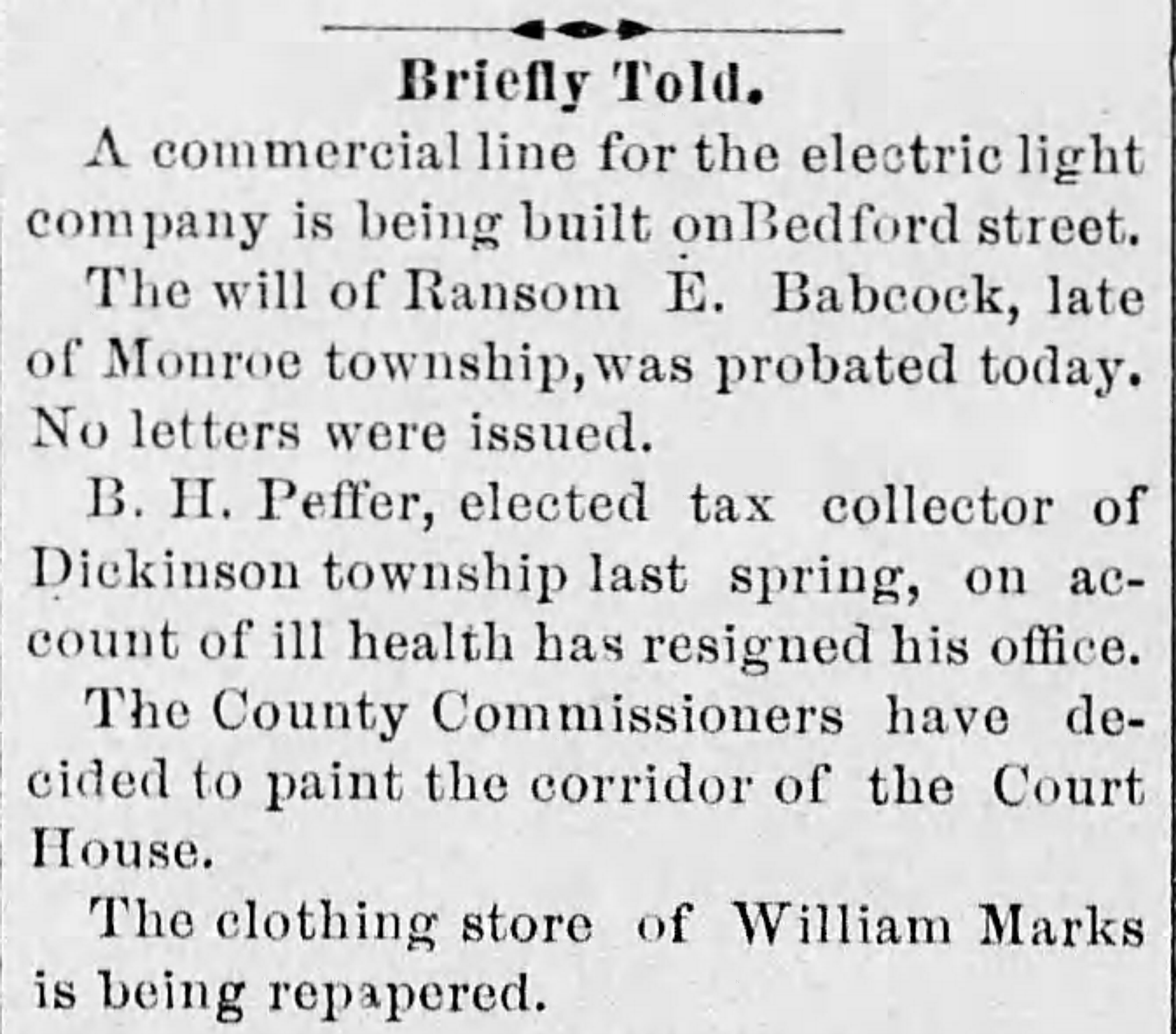 A short newspaper statement about the reading of Ransom Babcock's will. 