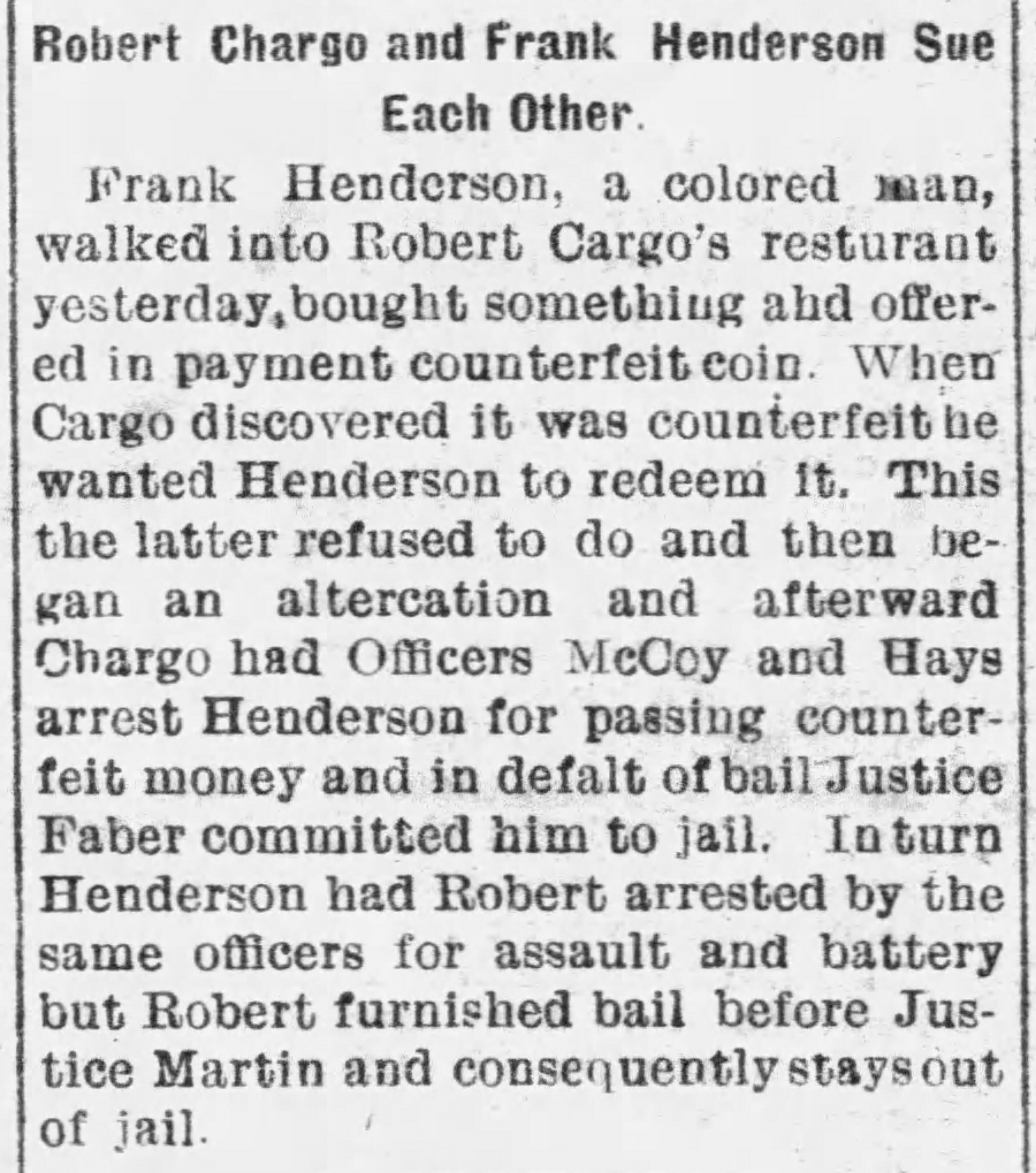 Article about Robert Chargo and one other man suing each other over counterfeit coin