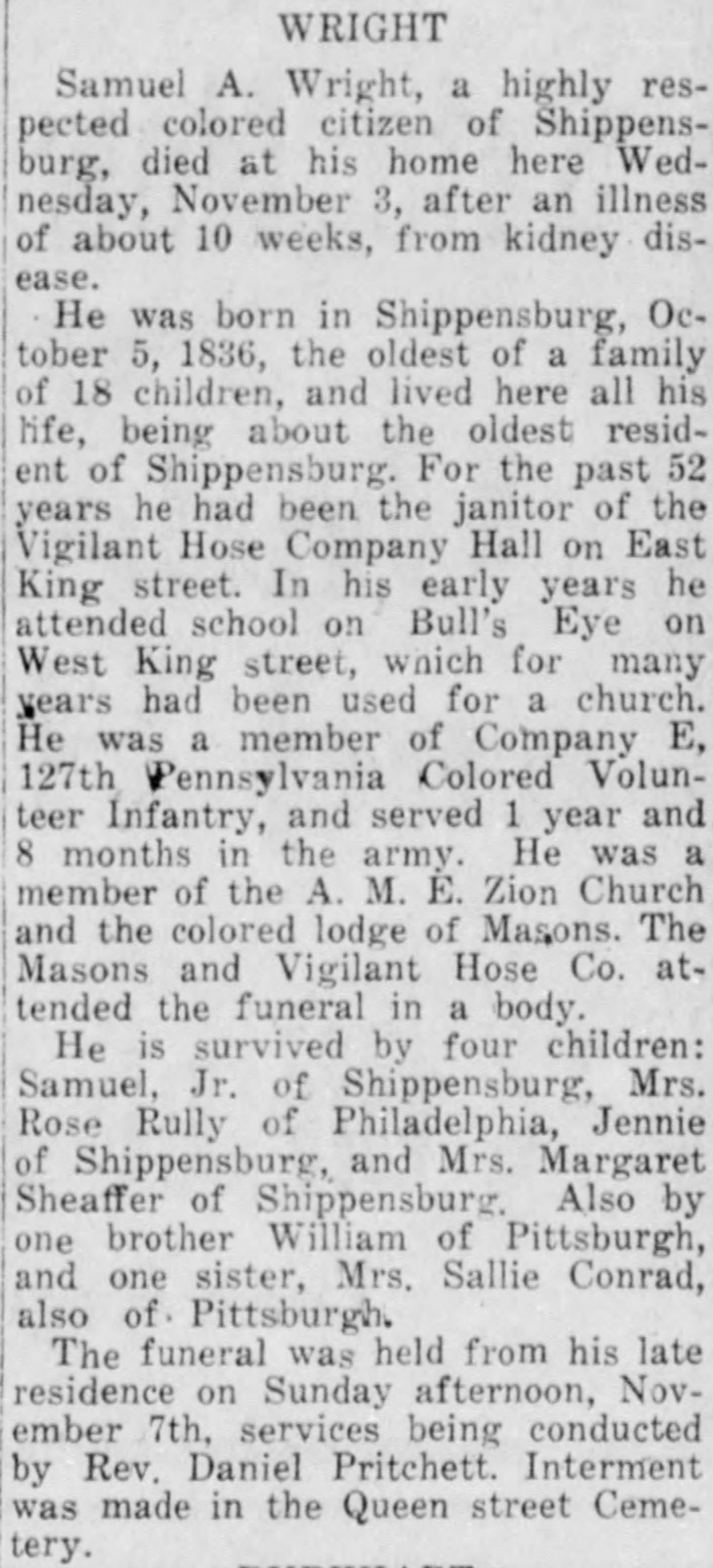 Newspaper obituary for Samuel Wright