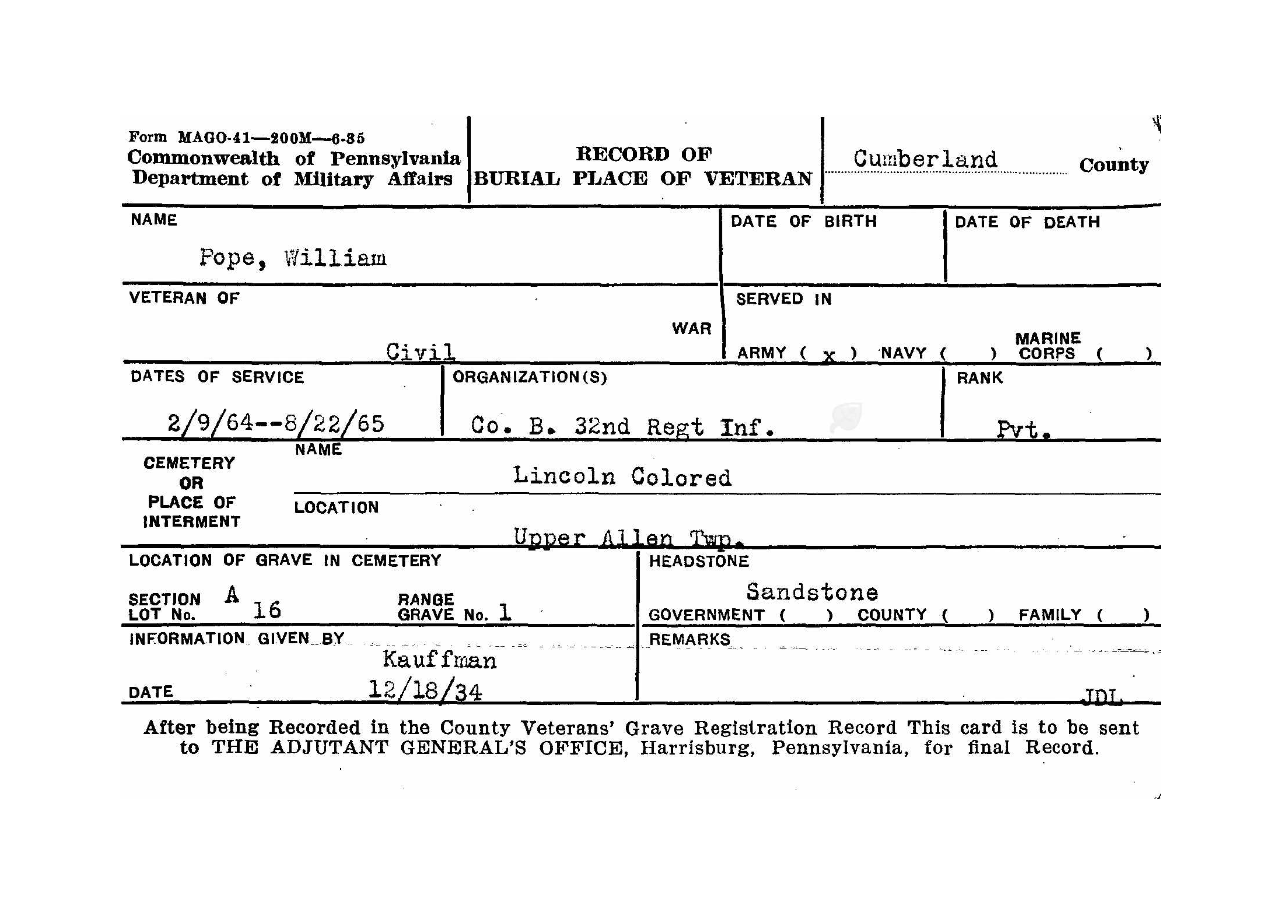 Image of William Pope's  Burial Card (AncestryLibray.com)