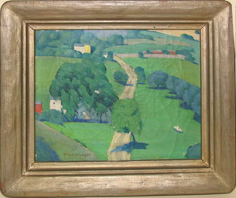 Photo of “Mystic”, a landscape painting of a country scene, curving road in center, green fields, trees and a few buildings.