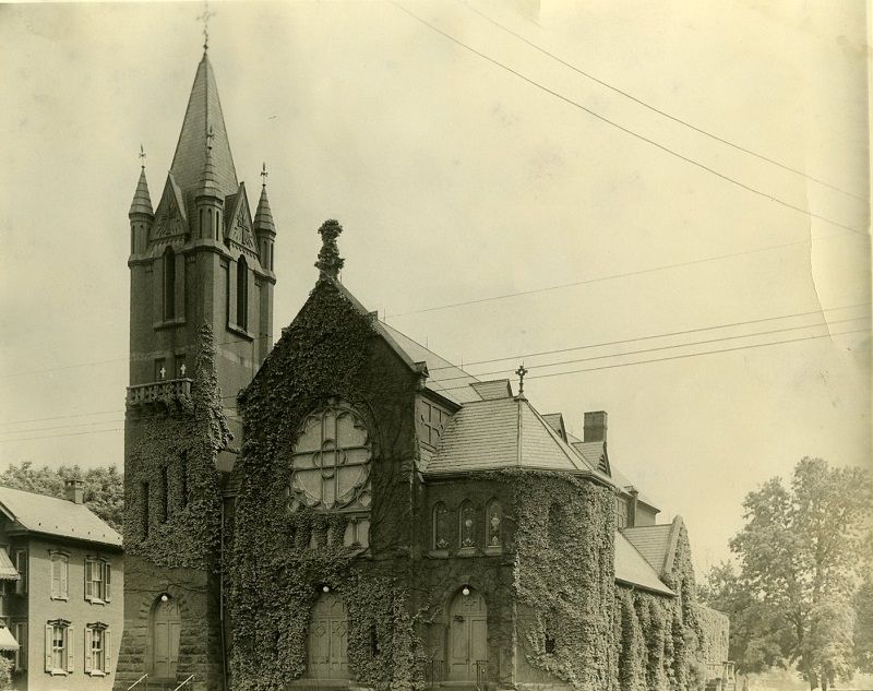 Photo of St. Patrick Catholic Church, East Pomfret Street, Carlisle, Pa., covered in ivy