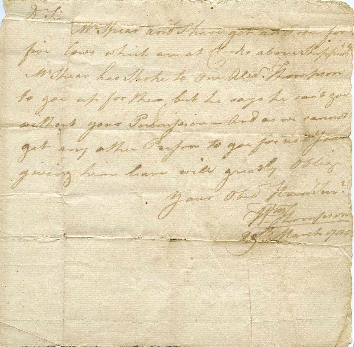 Scan of letter to Captain Postelwaite regarding an order for 5 cows, from General William Thompson on March 29, 1780