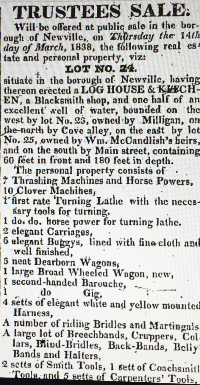 Advertisement for the sale of Milligan’s property. American Volunteer, February 28, 1839.