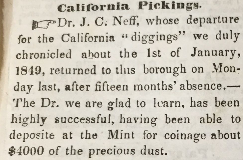 Image of news of the Dr. Neff returning home from the gold fields. Carlisle Herald, April 1, 1850.