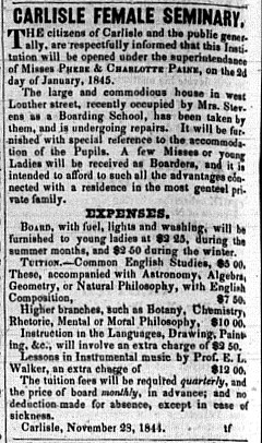 Scan of the Annoucment of the opening of the Carlisle Female Seminary from the December 5, 1844 edition of the American Volunteer