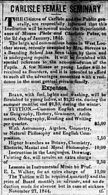 Scan of the Carlisle Female Seminary Advertisement from the February 25, 1845 edition of the Carlisle Herald