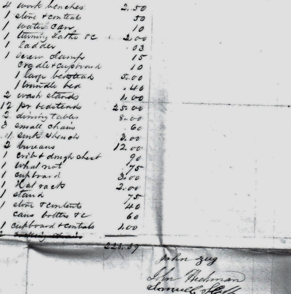 Scan of the 1862 Appraisement of Reep’s goods includes four work benches, lumber and a turning lathe