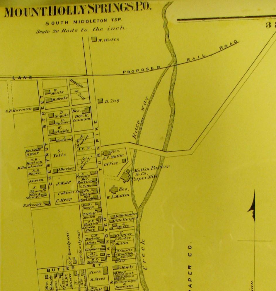 Conrad Reep’s home and cabinet shop are shown on the east side of the Hanover Turnpike (Main Street) in Mount Holly Springs on the 1872 Atlas of Cumberland County