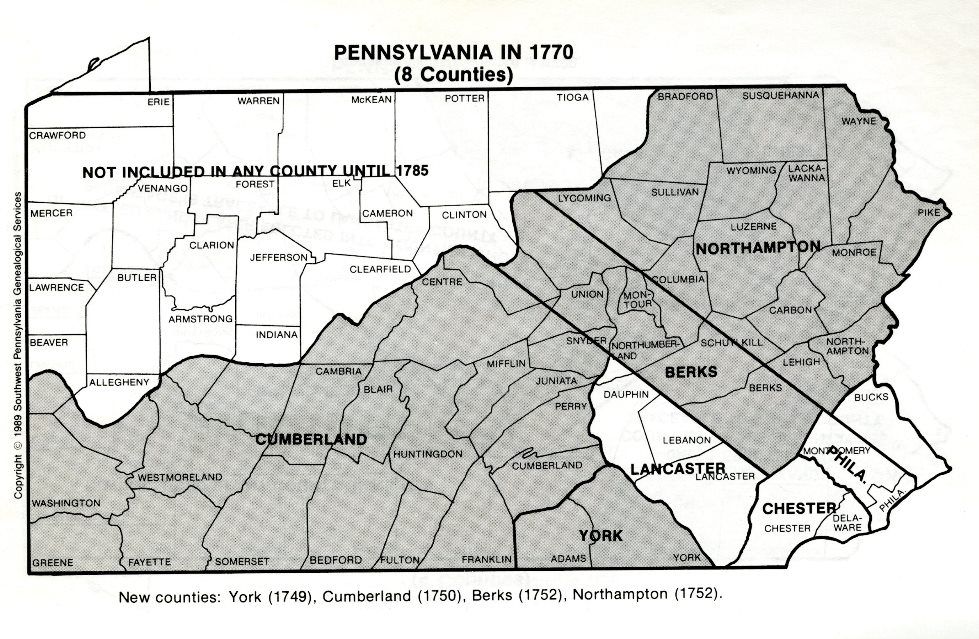 Scan of a map of Pennsylvania Counties in 1770