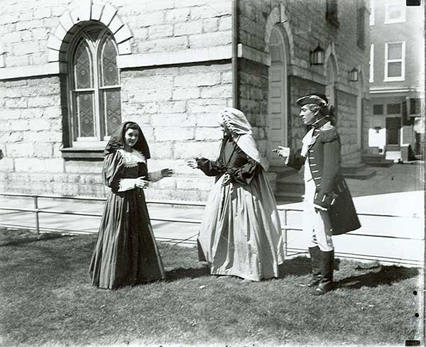 A pageant in front of the First Presbyterian Church, in 1934, showing people dressed in colonial costumes, in celebration of the church's 200th anniverary.
