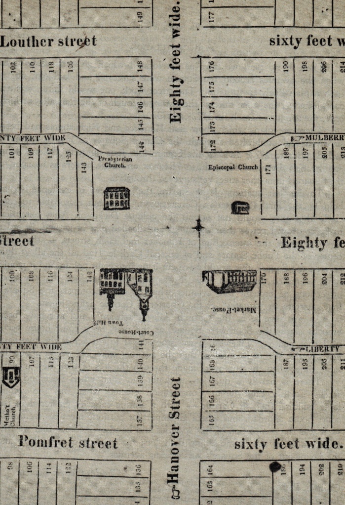 Scan of undated map, made by Carlisle printers Holcomb and Tizzard c. 1823,  shows how all the lots facing the square were shortened to make room for the new alleys