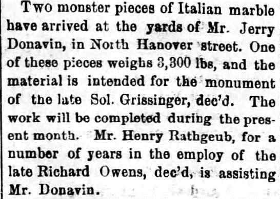 News clipping detailing Grissnger Monument